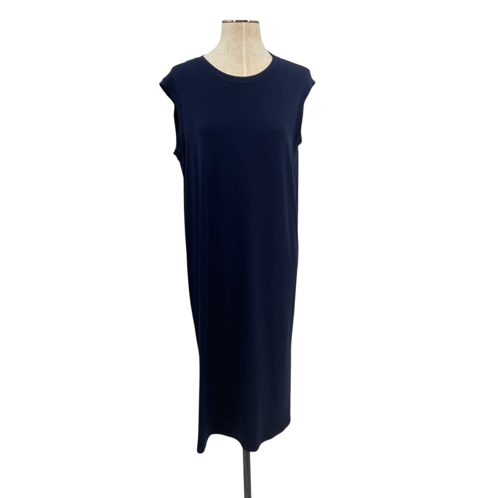 Eileen Fisher Dress Jersey Midi Sheath T-Shirt Short Sleeve Blue Medium Petite